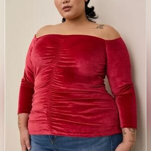 Torrid Off-Shoulder Red Velvet Shirred Top Blouse